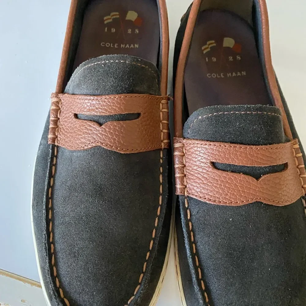 Cole Haan 1928 Suede loafer- 11.5 charcoal /brown leather trim ,